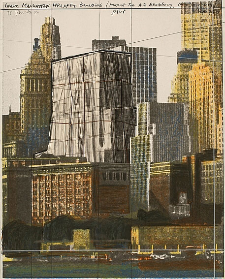 Christo Lower Manhattan Wrapped Building Collage-Grafik mit Bleitstiftzeichnung und Lithografie l. o. nummeriert, l. o. signiert Christo 84 71.00 x 56.00 cm 110 arab., 20 röm. num., sign. Exemplare