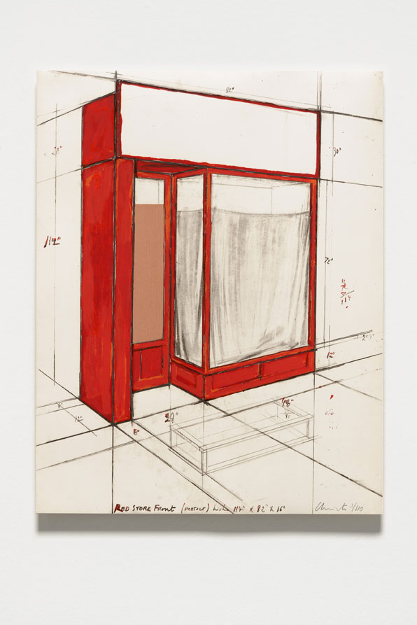 Christo und Jeanne-Claude Red Store Front, 1977 Collage-Grafik auf weißem Karton r. u. nummeriert, r. u. signiert Christo 71 x 55.5 cm 110 arab. num., sign. Exemplare