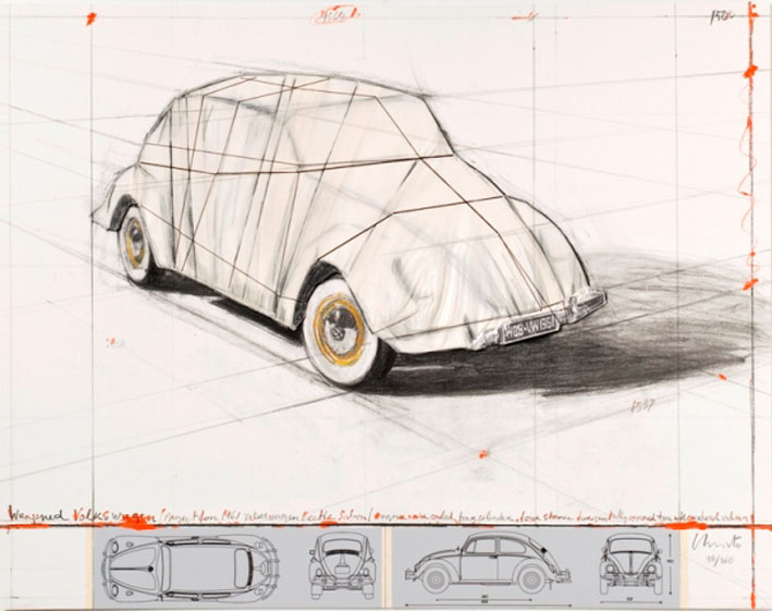 Christo und Jeanne-Claude Wrapped Volkswagen (Project for 1961 Volkswagen Beetle Saloon) Collage 2013 r. u. nummeriert, r. u. signiert Christo 55 x 71 cm 160 arab., 90 röm. num., sign. Exemplare