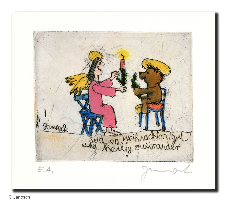 Janosch Seid an Weihnachten gut und heilig Farbradierung Auflage 199 Ex. mit Passepartout 30 x 40 cm