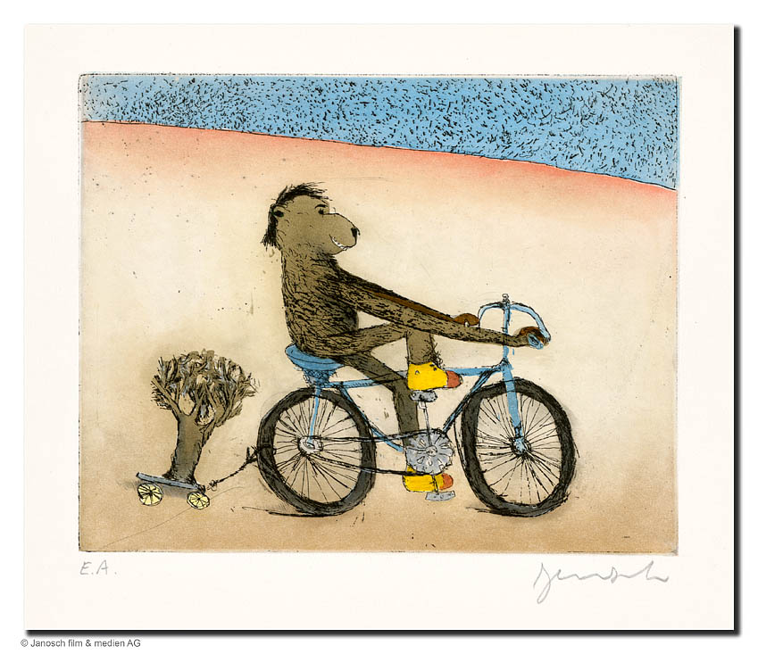 Janosch Der Fahrradbär Farbradierung Auflage 95 Ex. mit Passepartout 45 x 45 cm