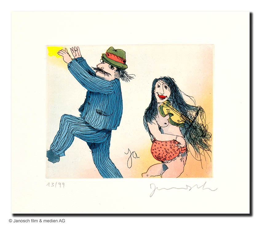 Janosch Mann und Frau tanzen Farbradierung Auflage 99 Ex. mit Passepartout 40 x 50 cm