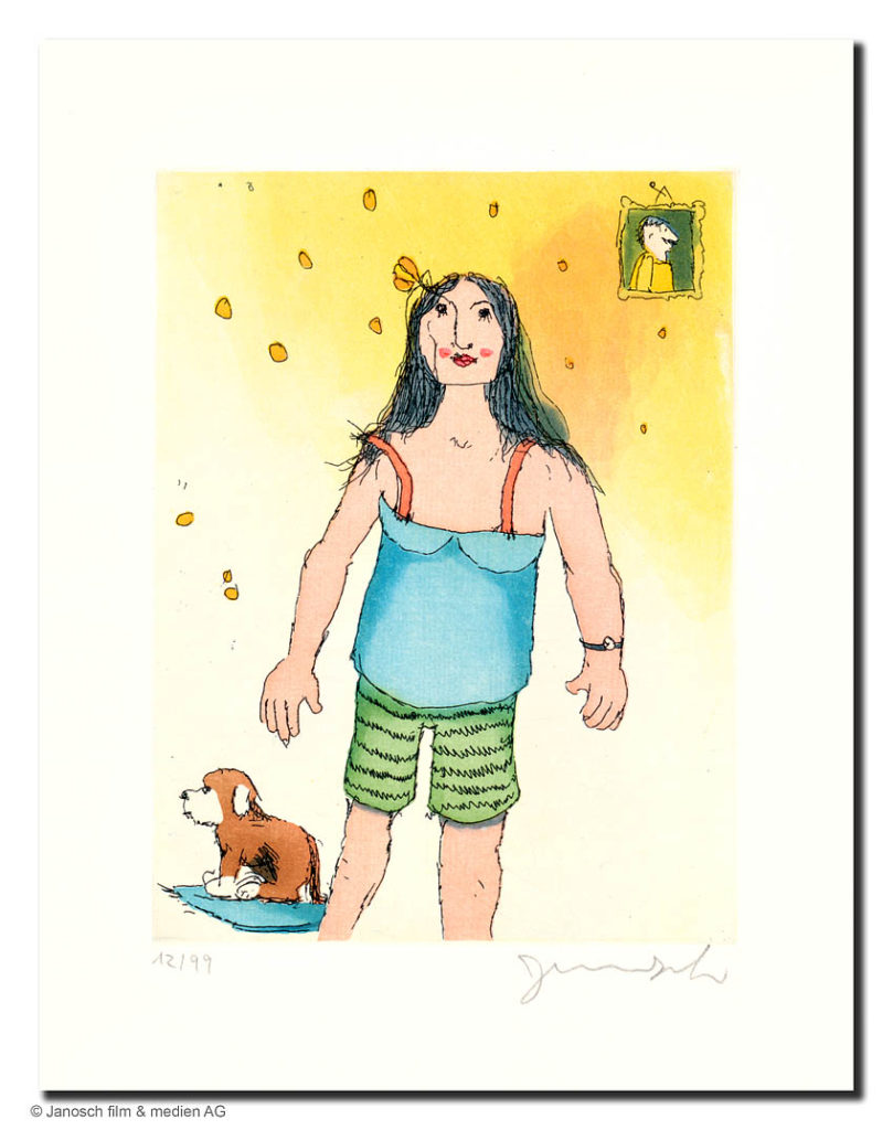 Janosch Frau mit Hund Farbradierung Auflage 99 Ex. mit Passepartout 50 x 40 cm