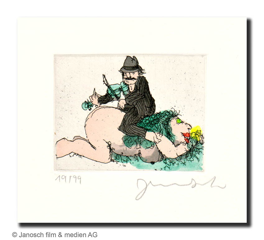 Janosch Mein Mann ist der Geiger Farbradierung Auflage 99 Ex. mit Passepartout 35 x 35 cm