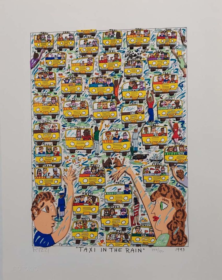 James Rizzi Taxi In The Rain, 1993 Auflage 126/350 handsigniert 33,5 x 26 cm