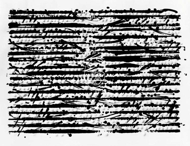 Günther Uecker Optische Partitur - Mozart Prägedruck mit Lithografie Maße 68,5 x 90 cm