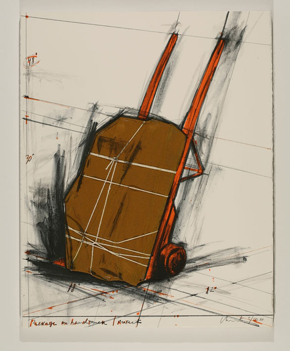 Christo Package on Handtruck, Project, 1981 Lithografie mit Collage aus brauner Leinwand, Faden und Heftklammern signiert und nummeriert 71 x 56,5 cm 100 Exemplare zuzüglich 20 A.P., XX S.P. und einige L.P.